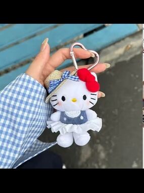 Hello Kitty White Plush Keychain with Red Bow and Straw Hat